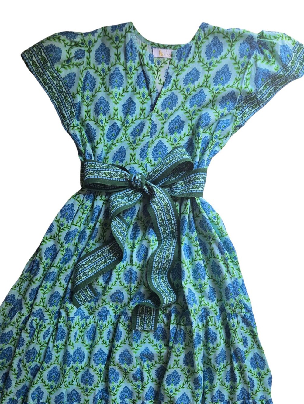 Bindu Pure Indian Artisan Cotton Blue & Green Floral Maxi Dress Contrast Sash Sm - Picture 3 of 10